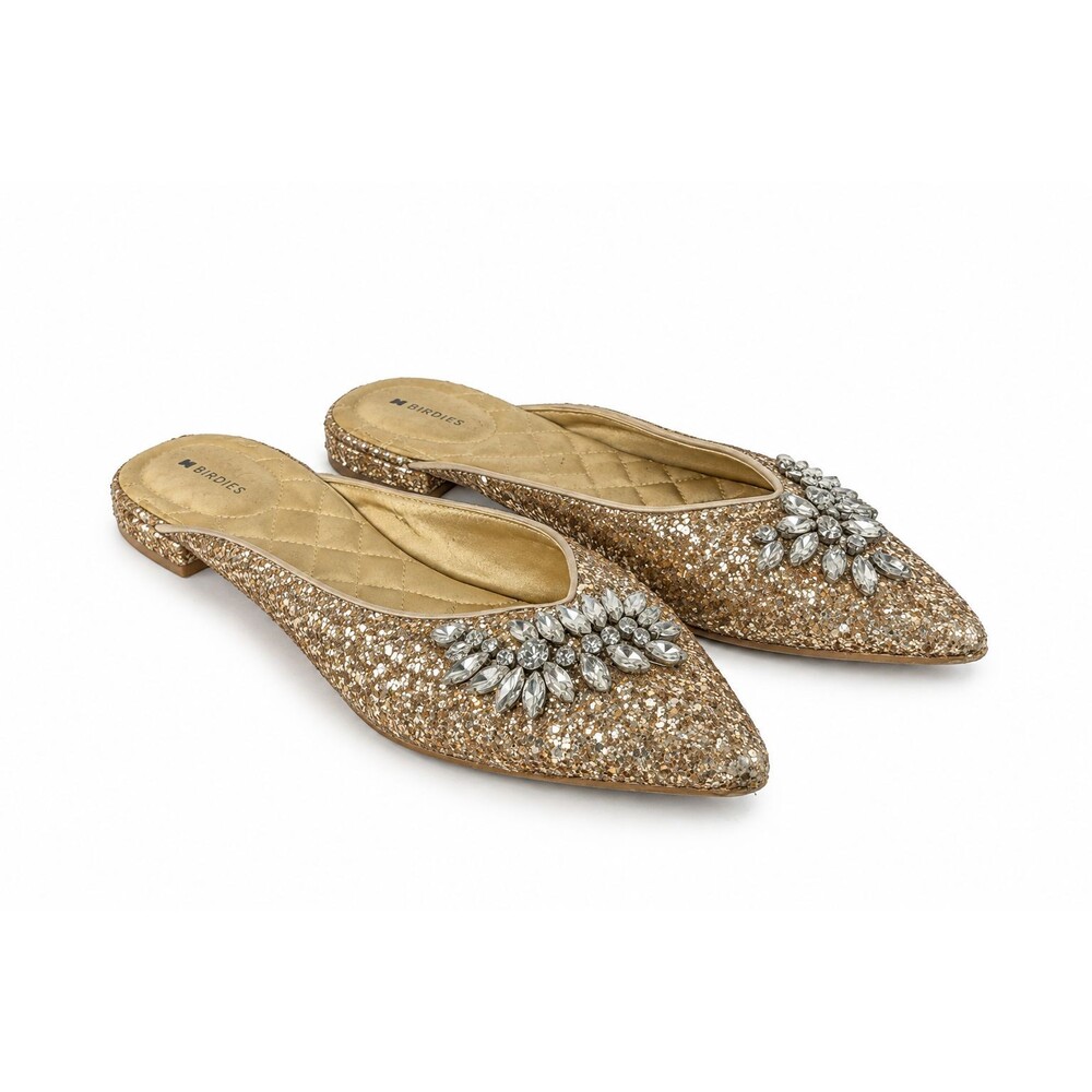 Birdies Gold Glitter Crystal Mules Women 8.5 Pointed Toe Jeweled Sparkle Flats